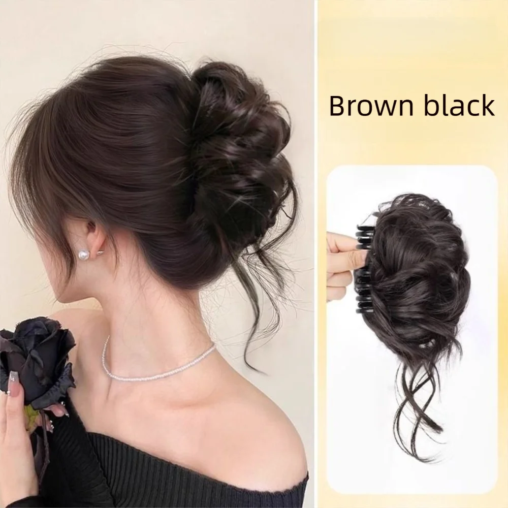 New Synthetic Hair Bun Claw Clip Natural Fluffy Bun Head Wig Brown Black Curly Hair Hairpiece Hair Accessories Quake Brown Black