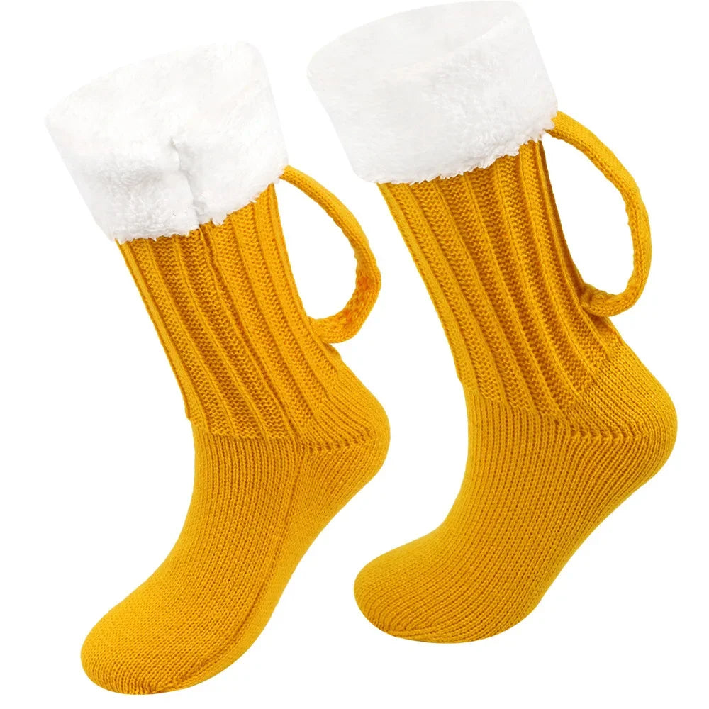 3D Beer Mug Knitted Socks Men's Padded Warm Mid-Calf Socks Women Winter Soft Funny Sleep Floor Socks Woolen Socks Christmas Gift Quake YELLOW One Size