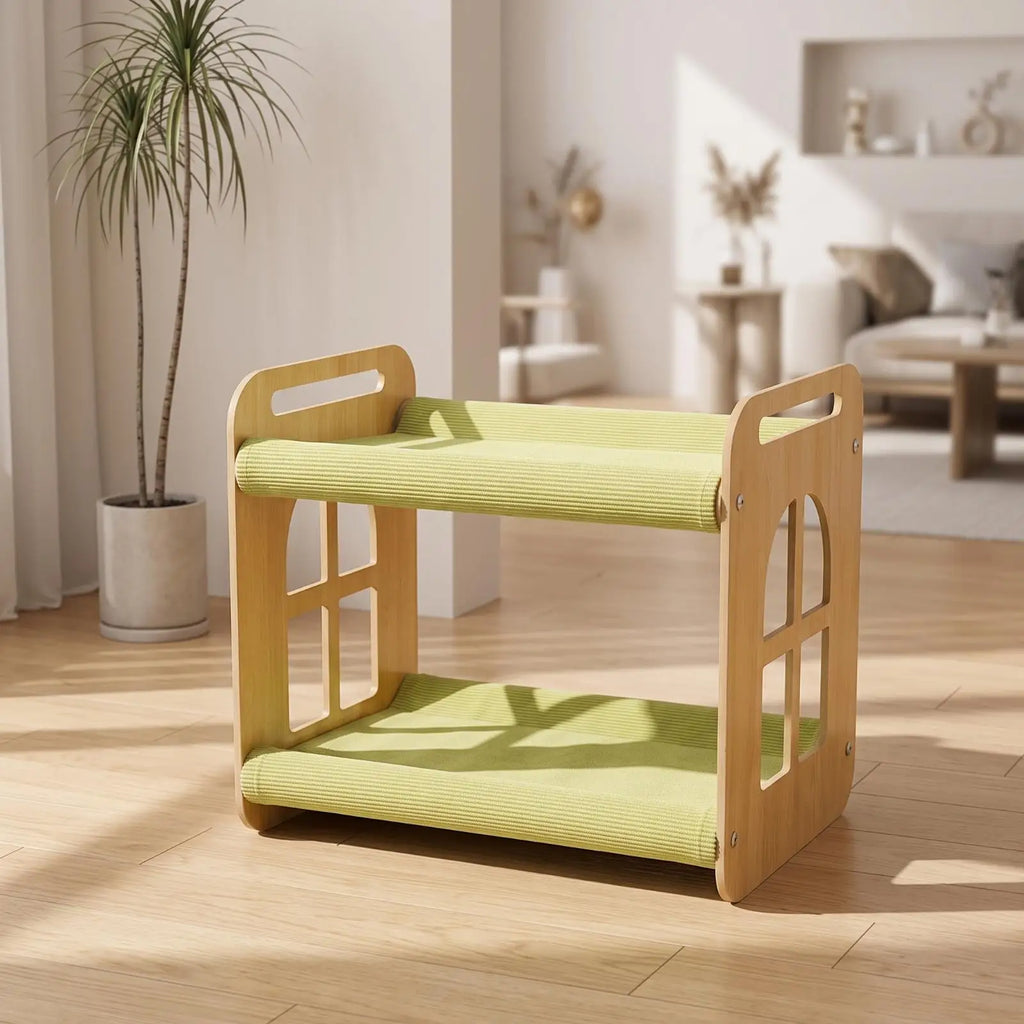 Elevated Cat Bed House with MDF Frame and Jute Mat for Cozy Cat Sleeping Perch Quake CatBedGrnStripe