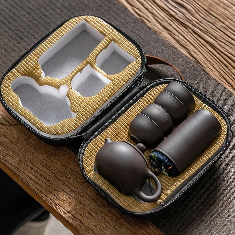 One Pot of Purple Clay Four Cups Outdoor Portable Tea Set Travel Tea Set Gift for Friends Quake