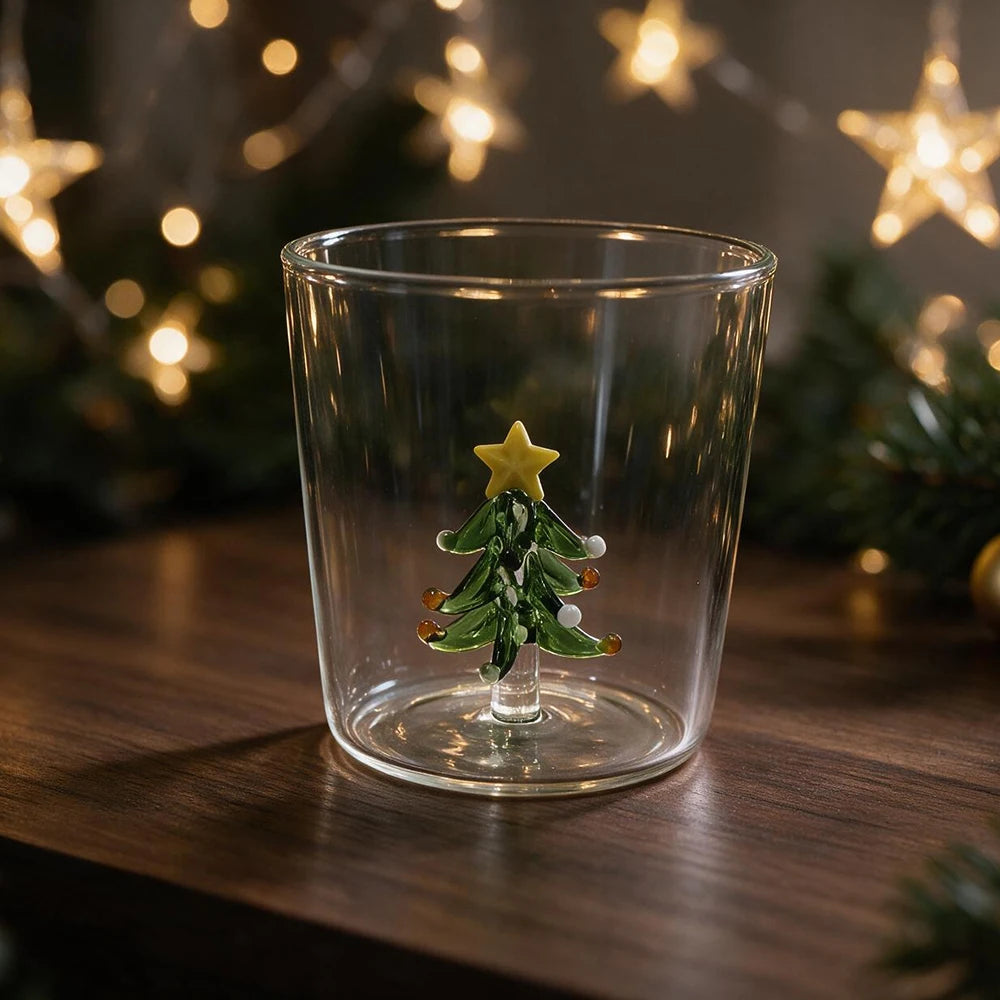 YWDL Christmas Glass Cup 300ml 3D Handmade Glass Figurine Inside Borosilicate Tumbler Xmas Tree Santa Drinking Gift Home Decor Quake tree green 300ml