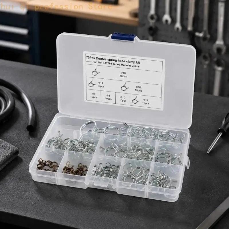 Spring Tube Clip Assortment, 70-Piece Set in a Clear Divided Snap-Closure Case for Fuel Line, Cooling System, and Rubber Hose Quake