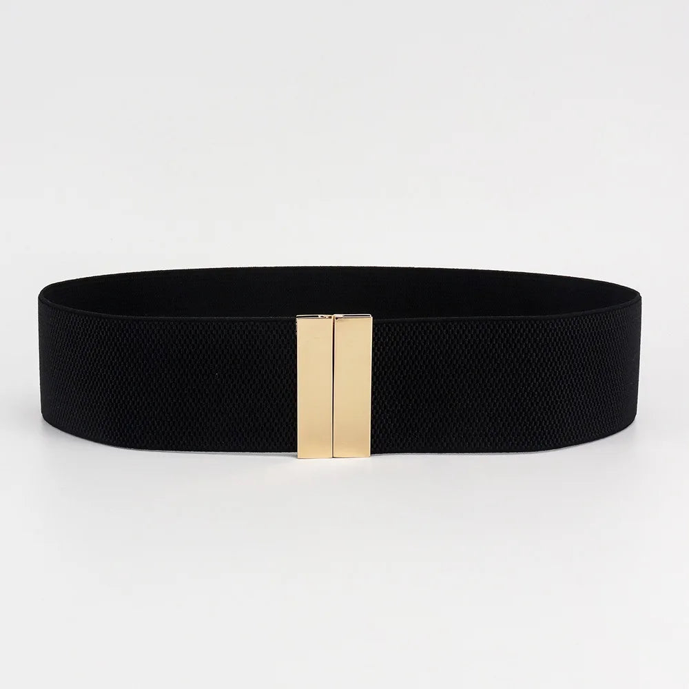 New Wide Elastic Belt Solid Color Metal Buckle Stretch Cinch Waistband Waistband Corset Belt Down Coat Quake Black Gold
