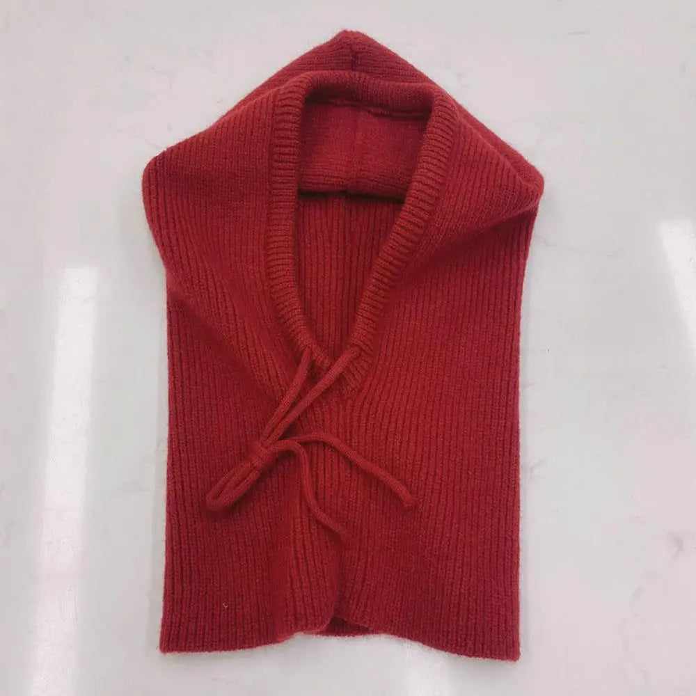 Winter Knitted Hooded Scarf Hat Warm Balaclava Hats Outdoor Ear Protection Beanies Solid Color Warm Drawstring Mask Scarf Cover Quake Red
