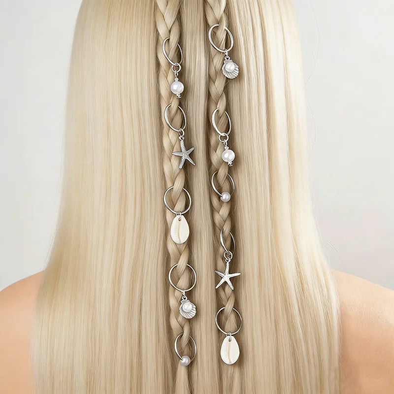 10PCS/Bohemian Resort Wind Alloy Starfish Headgear Shell Pearl Hair Accessories Multi-piece Set Ring Ladies Hair Band Quake Silver 10Pcs
