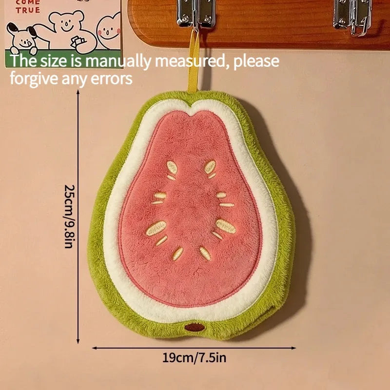 Kitchen Absorbent Hanging Hand Towel Cute Cartoon Fruit Coral Velvet Towel for Kitchen Bathroom Daily Household Gift Quake Guava