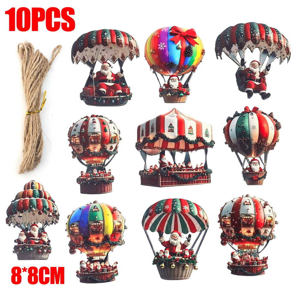 Christmas Wooden Pendant Hot Air Balloon Santa Claus 2D Flat Wooden Ornaments Christmas Tree Decoration Perfect New Year Gift Quake 10PCS