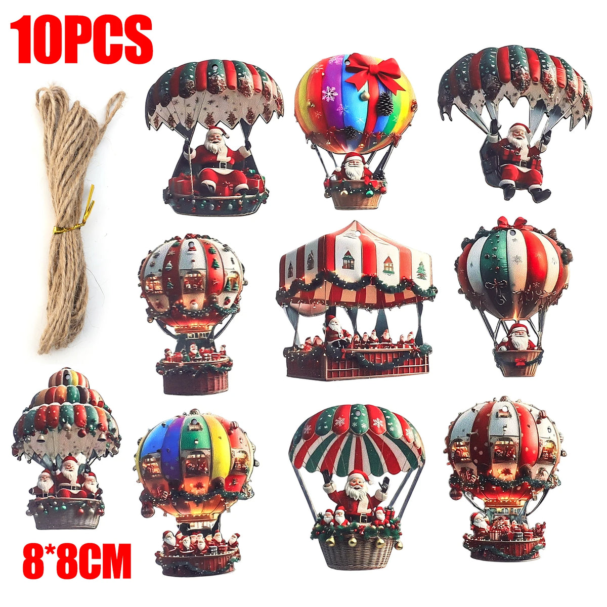 Christmas Wooden Pendant Hot Air Balloon Santa Claus 2D Flat Wooden Ornaments Christmas Tree Decoration Perfect New Year Gift Quake 10PCS