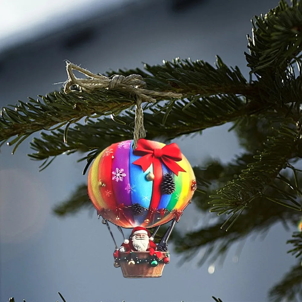 Christmas Wooden Pendant Hot Air Balloon Santa Claus 2D Flat Wooden Ornaments Christmas Tree Decoration Perfect New Year Gift Quake