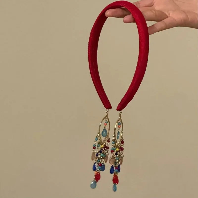 Retro Tassel Hair Headband New Chinese Style Elegant Vintage Hairband Fashion Women Hair Decor Accessories Quake Red tassel