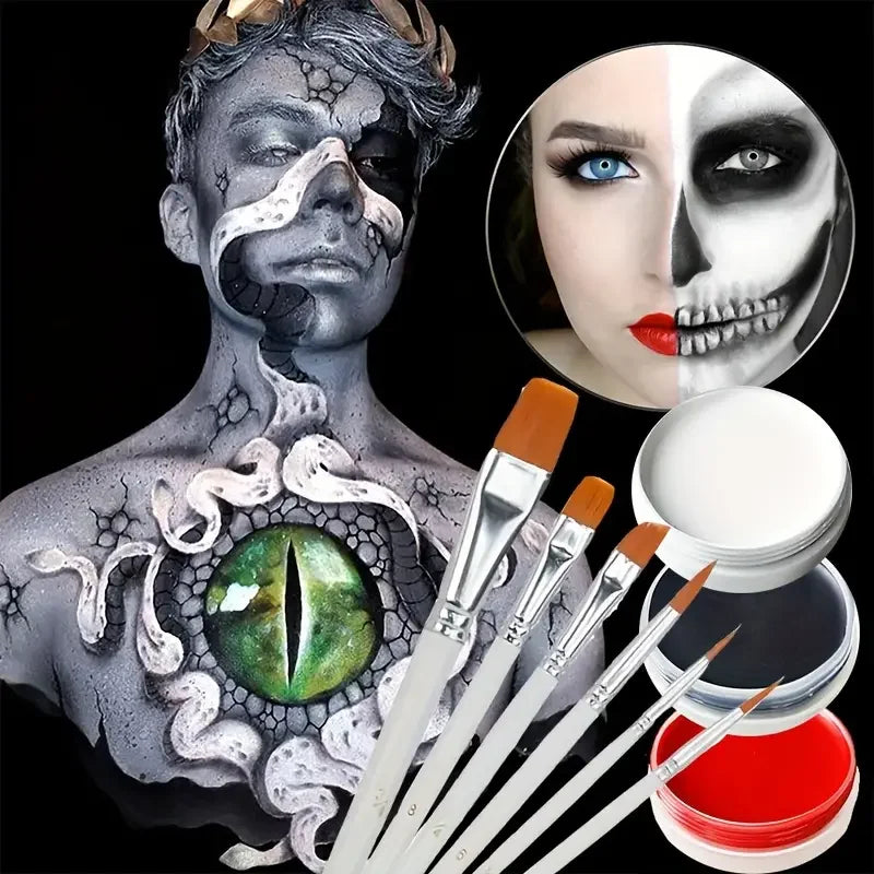 30g Black White Red Monochrome Body Paint Cosplay Face Paint Paste Halloween Party Waterproof Makeup Body Paint Set with Brushes Quake