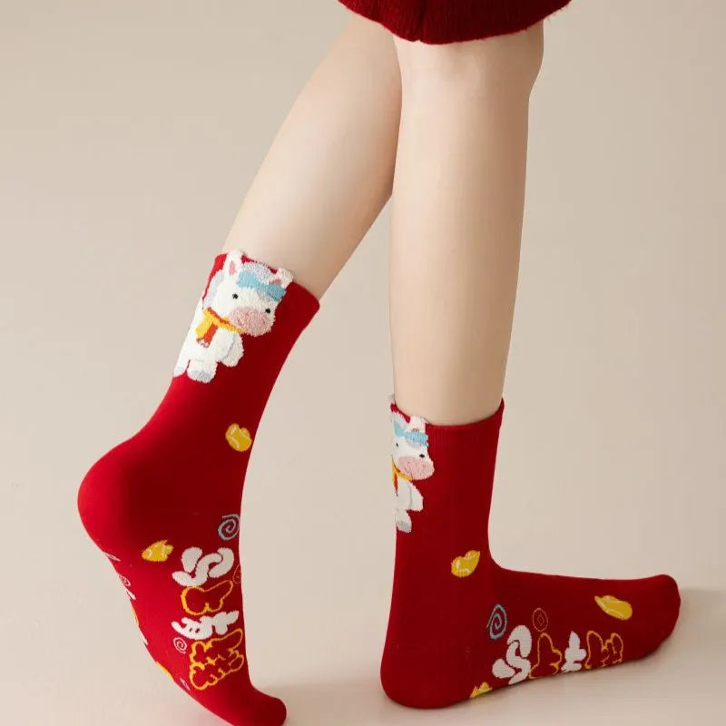Year of The Horse Zodiac Year Red Socks Women's Autumn and Winter Mid Socks New Year Gifts Marriage Couple Quake