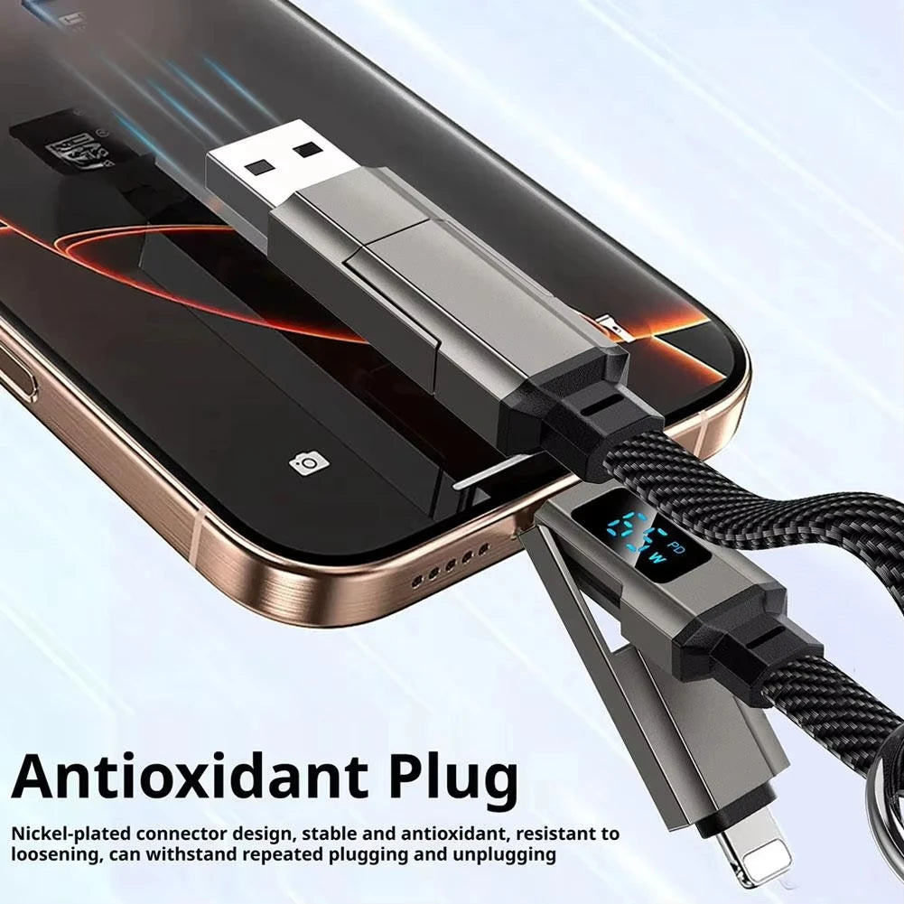4-in-1 Keychain Charging Cable LED Digital Display 65W Super Fast Charging Braided Zinc Alloy Multi Charger Cord Quake