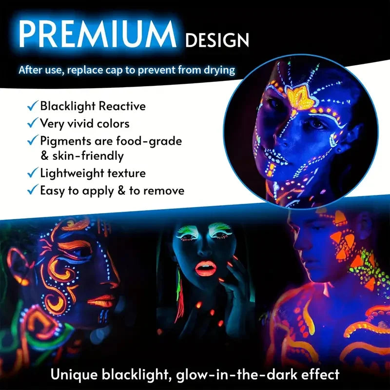 6Pcs UV Neon Face Painting Kit,Glow in the Dark Under UV Lights,Black Light Glow Makeup Kit,Washable Water Soluble Face Painting Quake