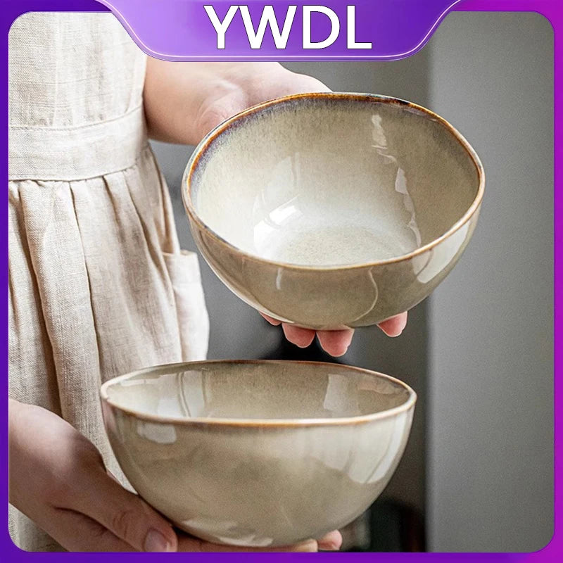 YWDL 500ml Vintage Ceramic Salad Bowl Heat-resistant Rice Soup Bowl Irregular Edges Kitchen Noodle Bowl Microwave Safe 5.5inch Quake