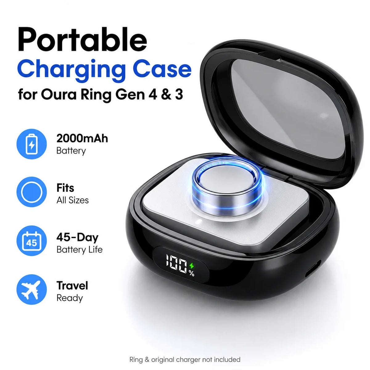 Charging Case for Oura Ring Gen 4 3 2000mAh Portable Power Bank Charger Box Type-C Travel Charging Case All Sizes Quake