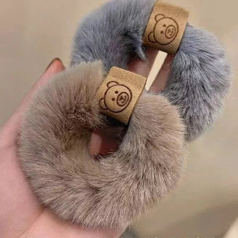 2023 New Soft Plush Hair Rope Korean Thick High Elastic Bear Hairband Braiding Hair Accessories Ponytail Headwear Scrunchies Quake