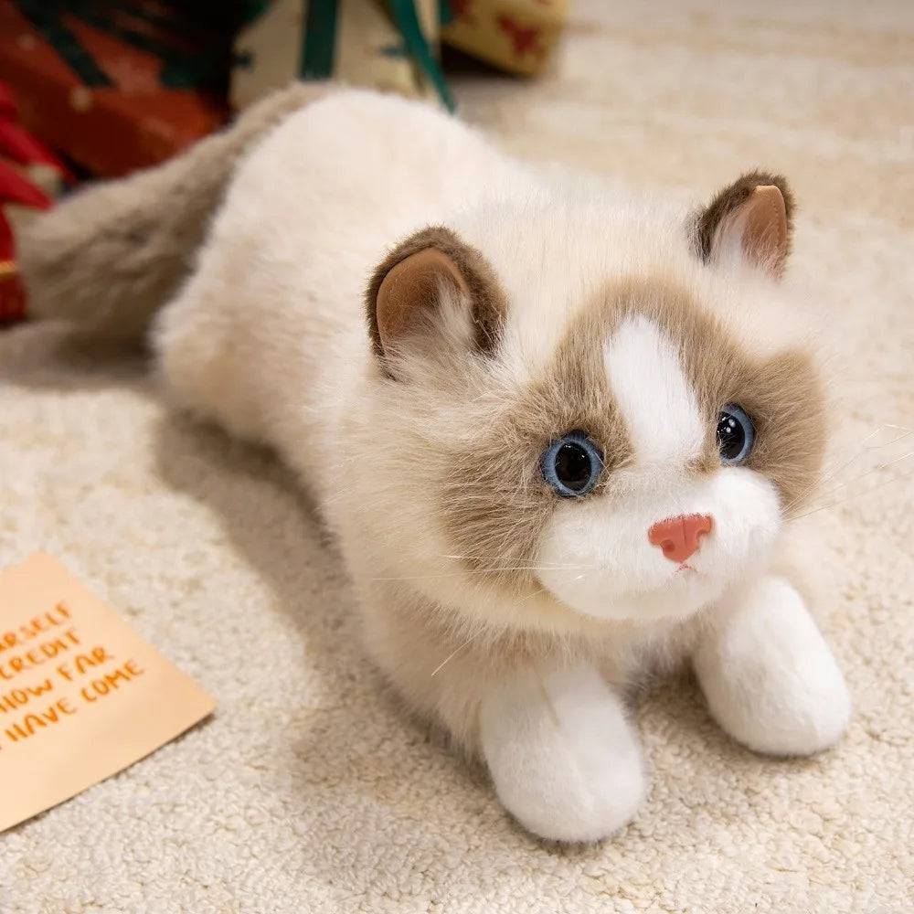 New Soft Simulation Cat Plush Toys Fluffy Voiced Ragdoll Cat Plush Doll Cute Cartoon With Bib Simulated Kitten Model Home Decor Quake Brown