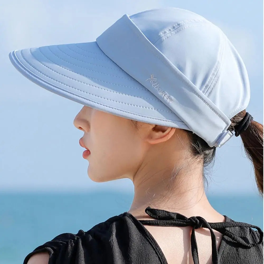 Outdoor Wide Brim Women Summer Sun Hat UV Protection Detachable Empty Top Ponytail Cap Foldable Adjustable Beach Cap Quake