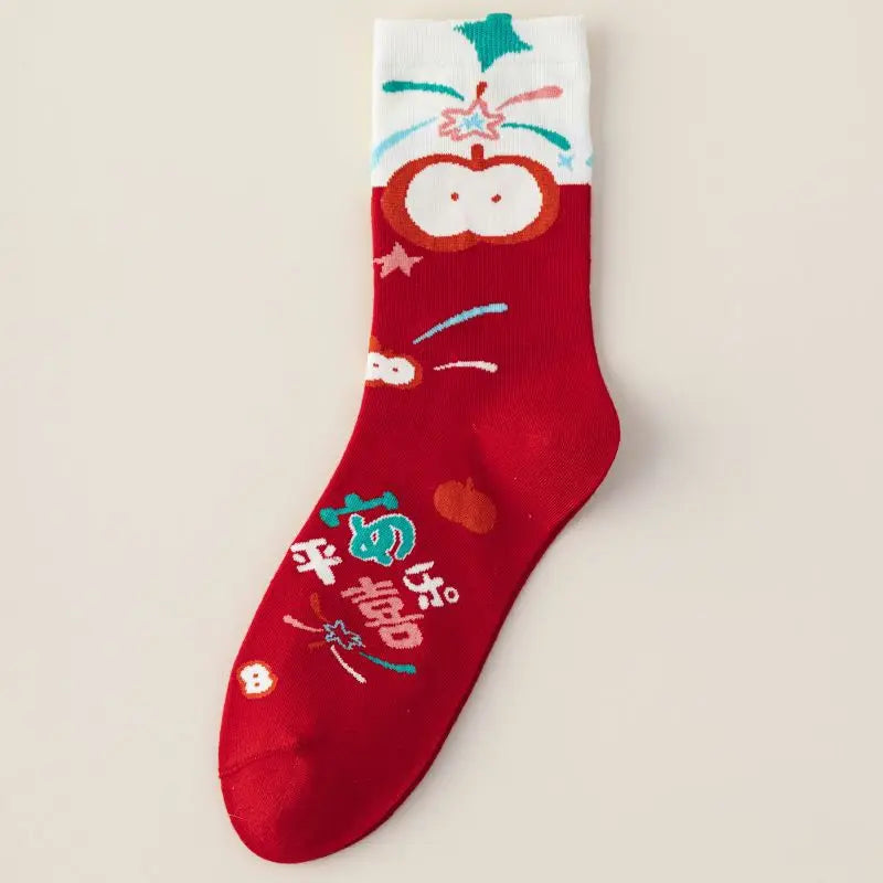 Year of The Horse Zodiac Year Red Socks Women's Autumn and Winter Mid Socks New Year Gifts Marriage Couple Quake Peace and joy One Size