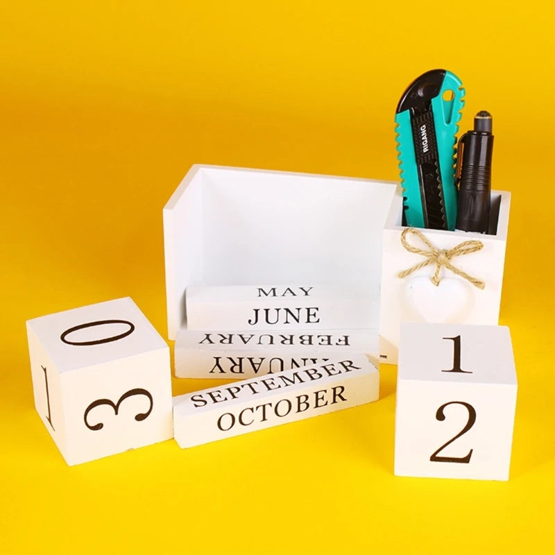 Wooden Permanent Calendar with Pen Holder, Desk Pen Holder with Blocks Permanent Calendar Office Desk Decorations K1KF Quake