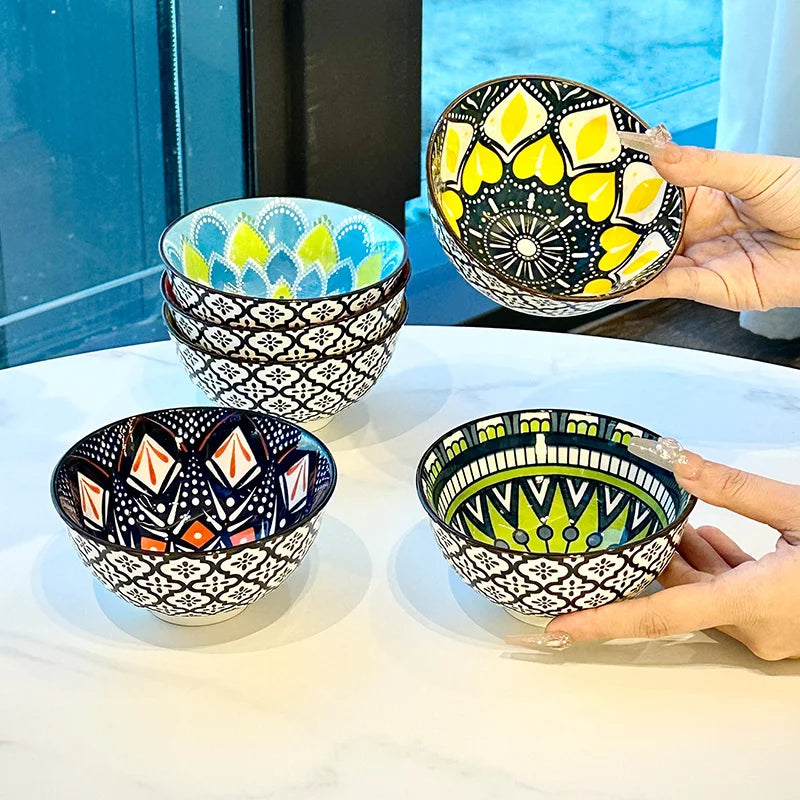 6-Piece Handmade Bohemian Ceramic Bowls Set 4.72 Inch Microwave And Dishwasher Safe for Cereal Ice Cream Pasta Optional Gift Box Quake