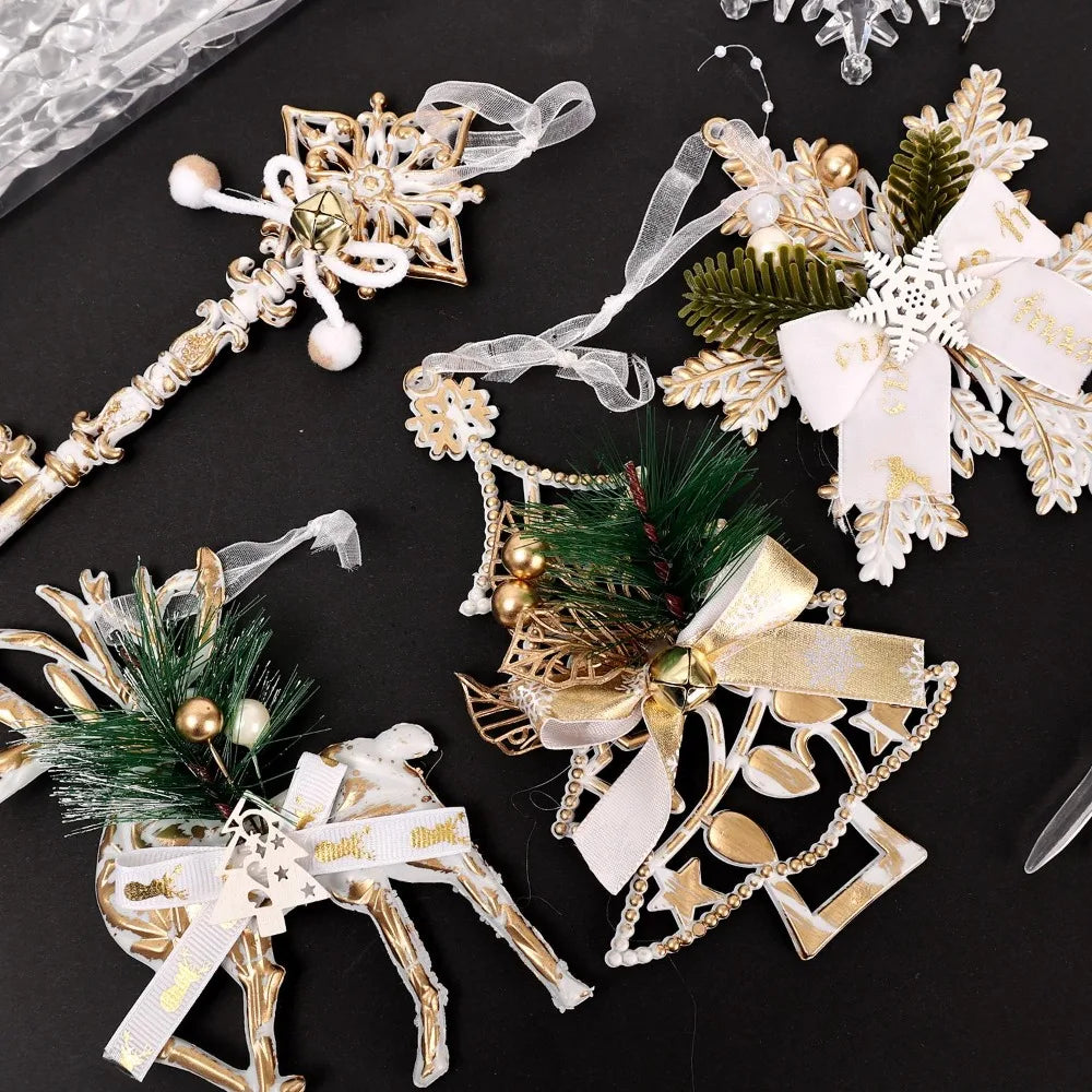 Platinum Retro Style Christmas Pendant Xmas Tree Hanging Ornaments Glitter Elk Snowflake Pendants DIY New Year Party Home Decor Quake
