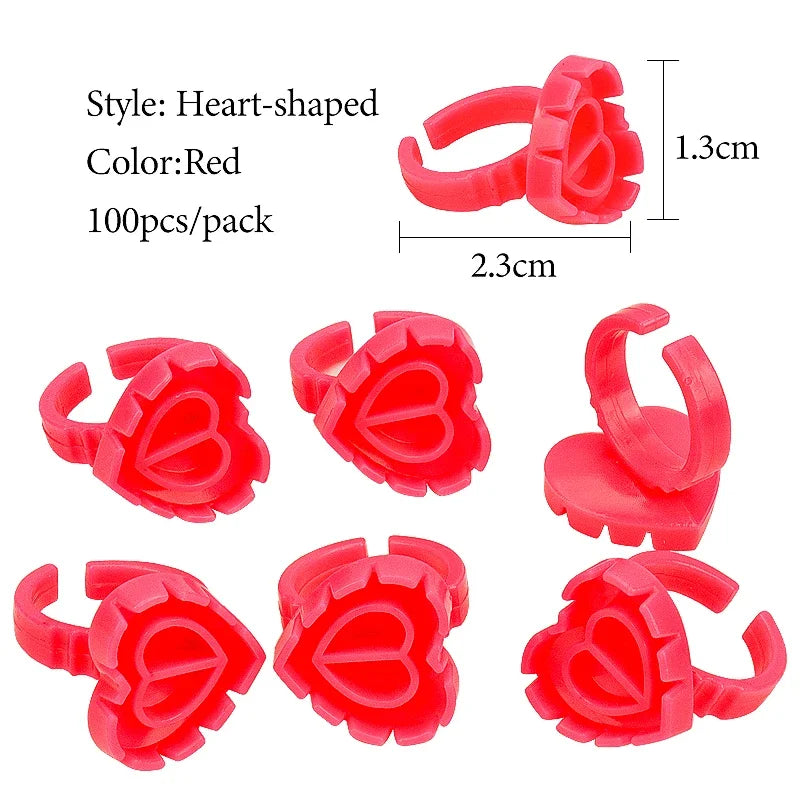 vvocci 100 PCS Heart-shaped Glue Ring Cup Disposable Plastic Eyelash Extension Tattoo Pigment Holder Pallet Lash Makeup Tools Quake M45 Red