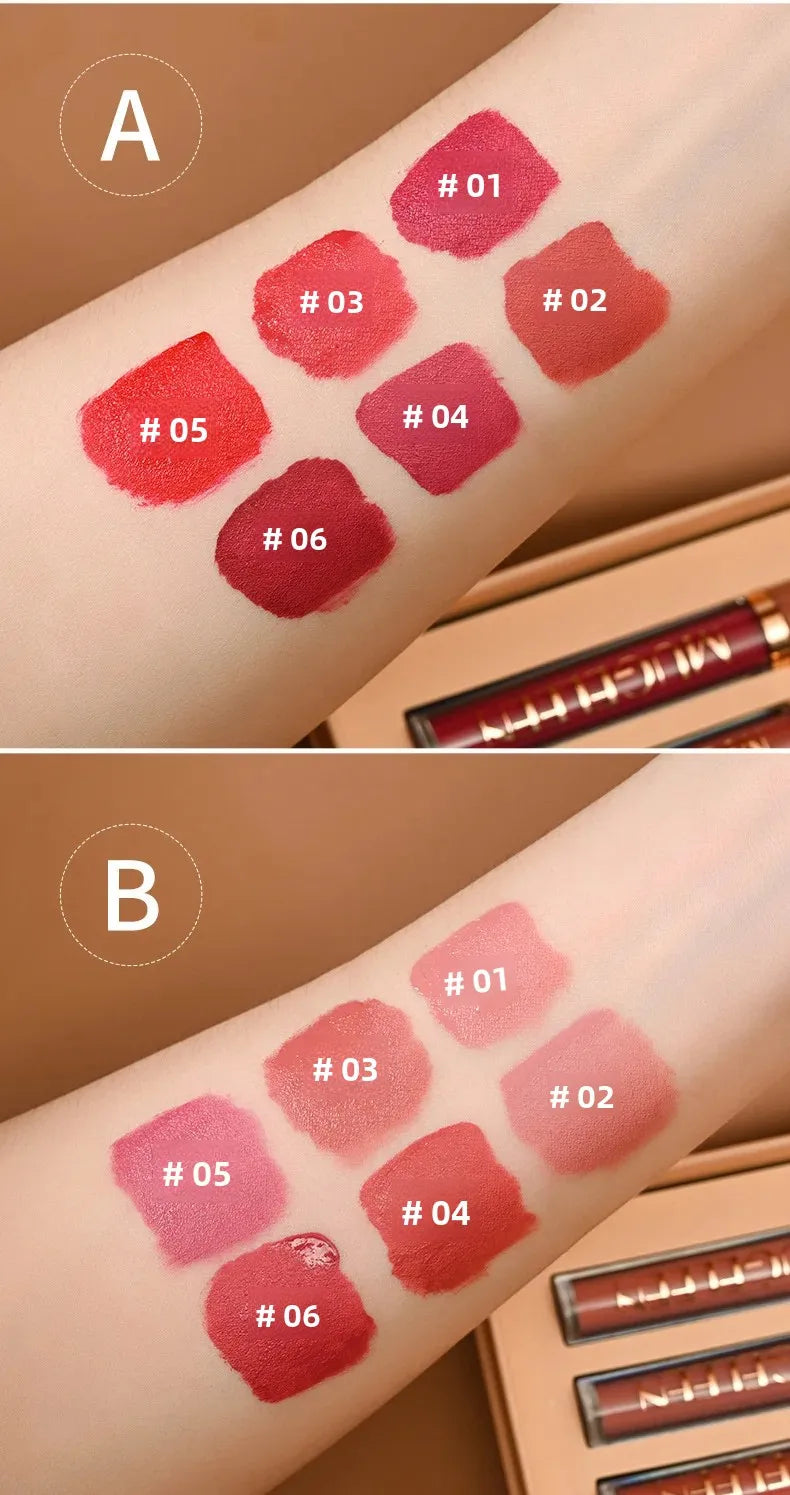MUGE LEEN Velvet Matte Liquid Lipstick Set Non-Stick Cup Lip Glaze 6-Pack European & American Makeup Style Quake