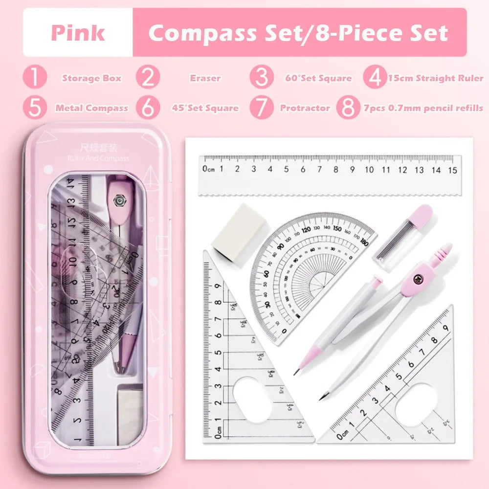 8PCS/Set High Quality Plastic Ruler Compasses Set Eraser Transparent Protractor Set Square Straight Ruler Drawing Tool Students Quake Pink 8PCS A