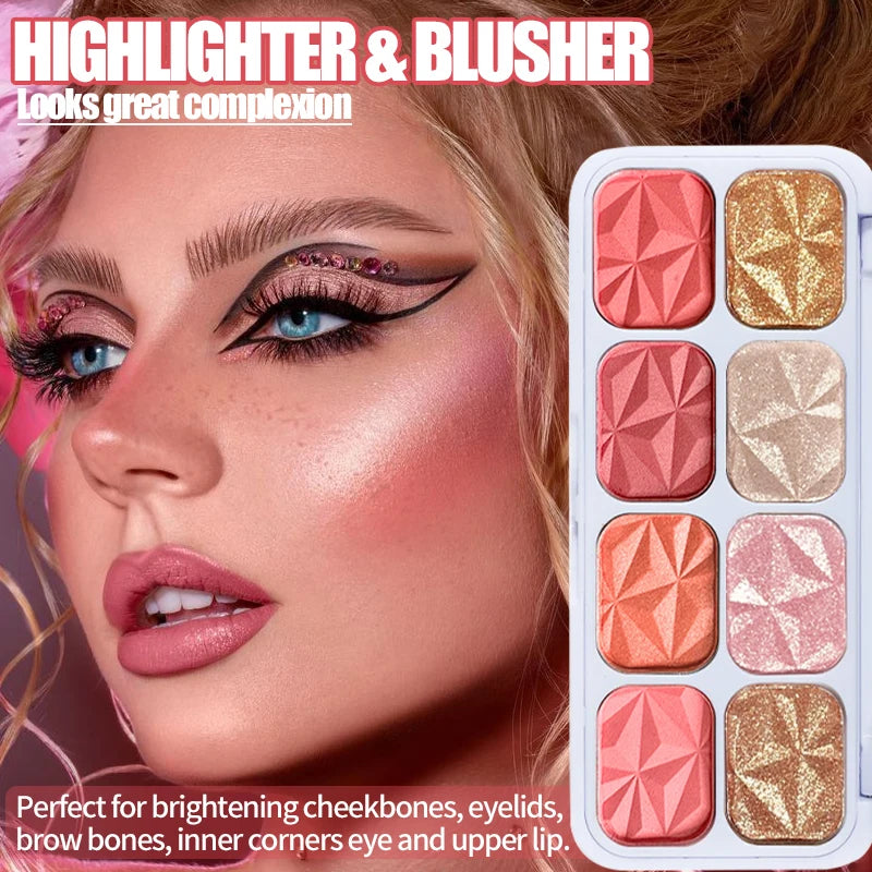 8 Color Highlight and Blush Eyeshadow Palette, Matte Pink Blush and Shimmer Shimmer Highlight Eyeshadow Makeup Cosmetics Quake