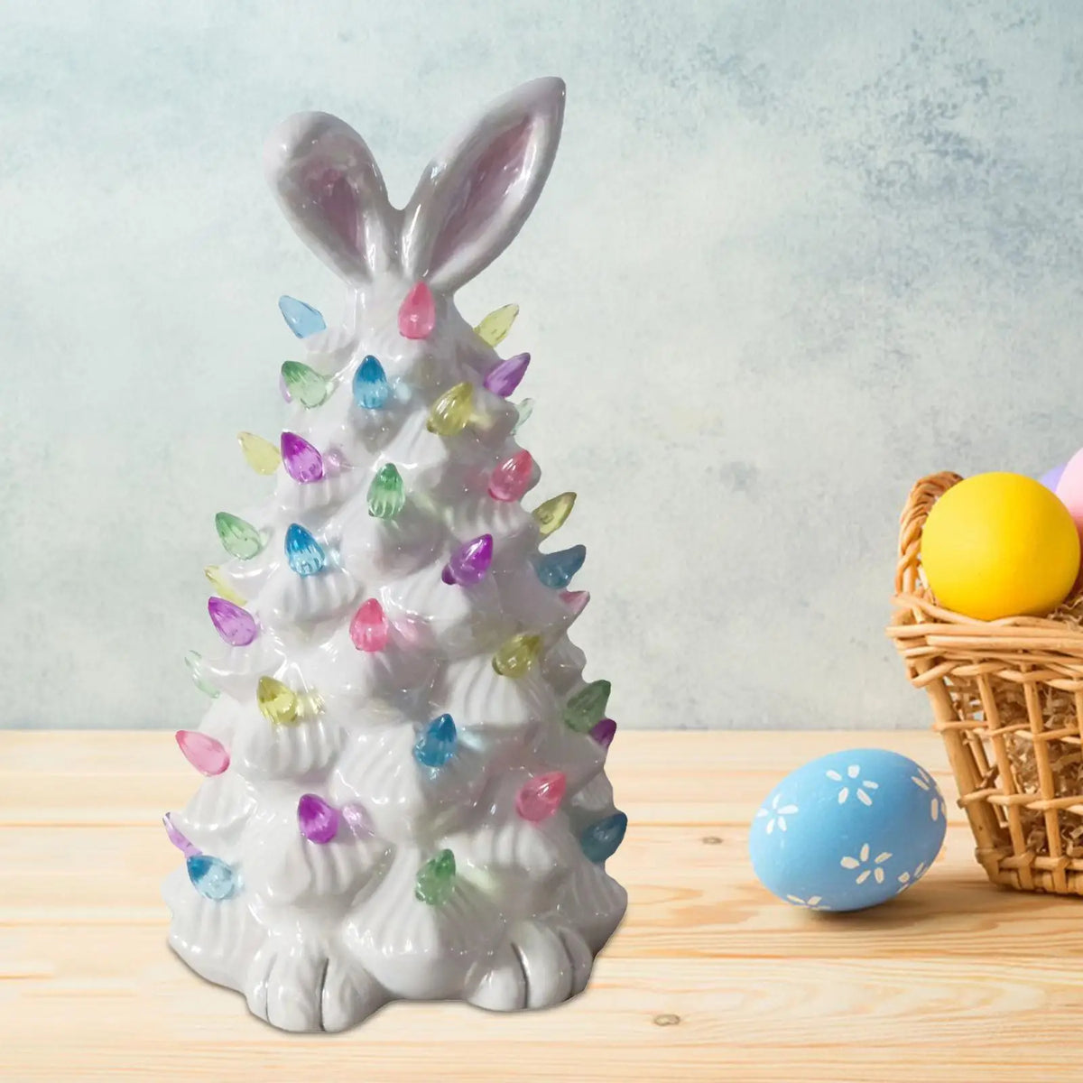 Lighted Bunny Easter Decoration Easter Ornament for Desk Beside Table Living Room Shelves NightStand Bedroom Mantle Countertop Quake white