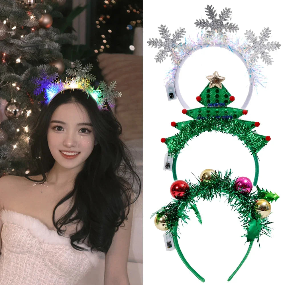Christmas Luminous Headband Snowflakes Christmas Trees Headband Lovely LED Light Headband Flashing Hair Band Xmas Party Decor Quake