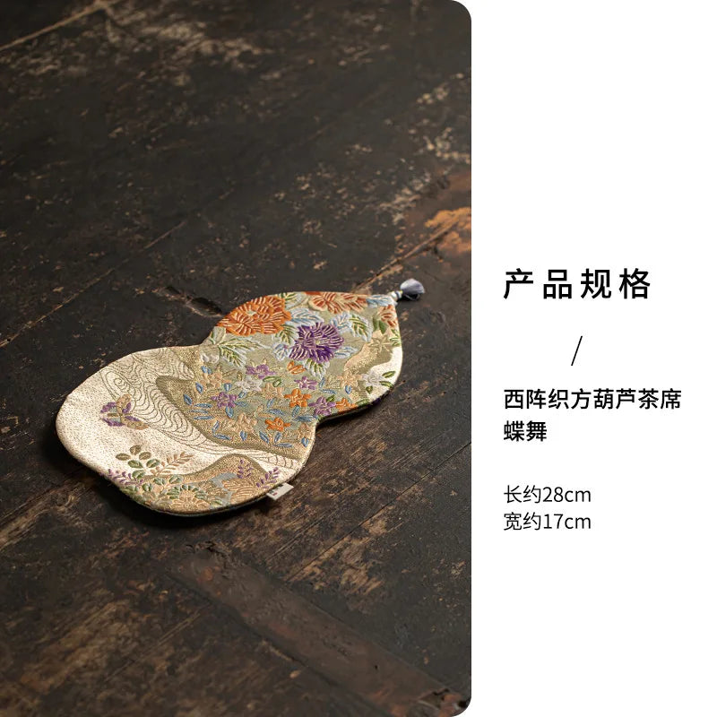 Double-sided Tea Mat Nishijin Weaving Gourd Chinese Zen Style Tea Tablecloth Heat Insulation Mat Teapot Holder Tablecloth Quake - Butterfly Dance White
