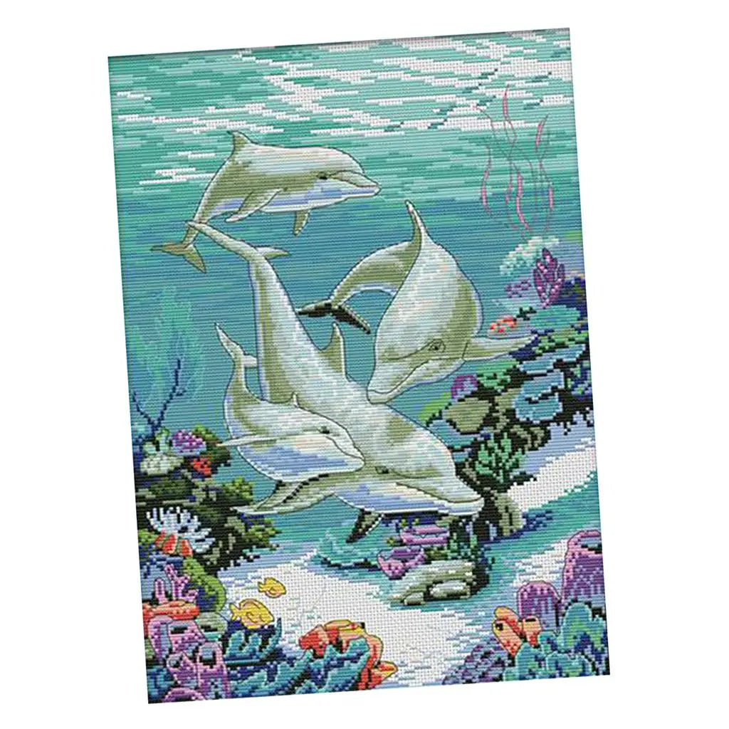 Embroidery Cross Stitch Kit Stamped Printed Sea Fishes World Design DIY Craft Set for Home Office Decor and Valentine Birthday Quake