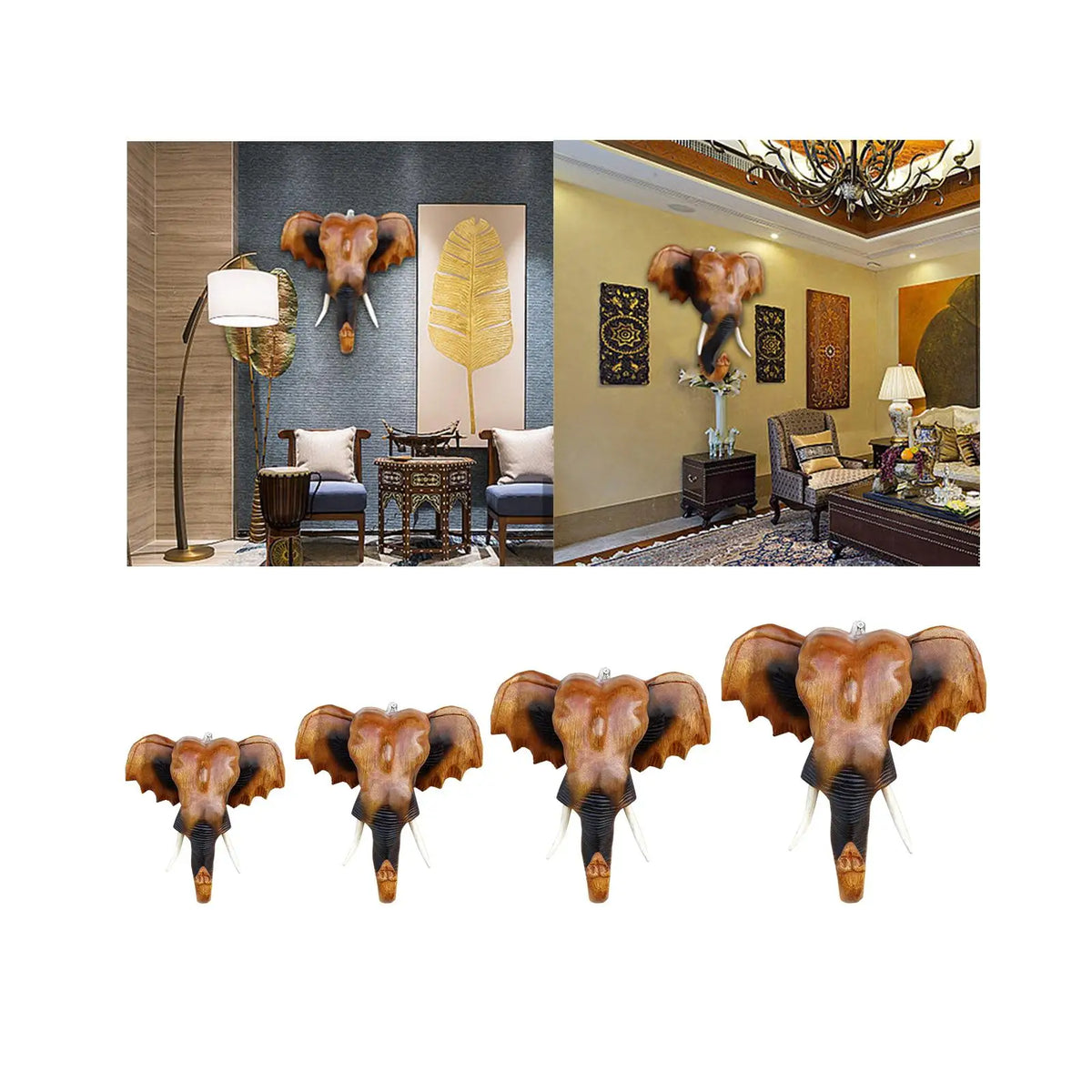 Sculpture, Elephant Head, Wall Decor, Durable Collectible, Decorative Wooden Quake