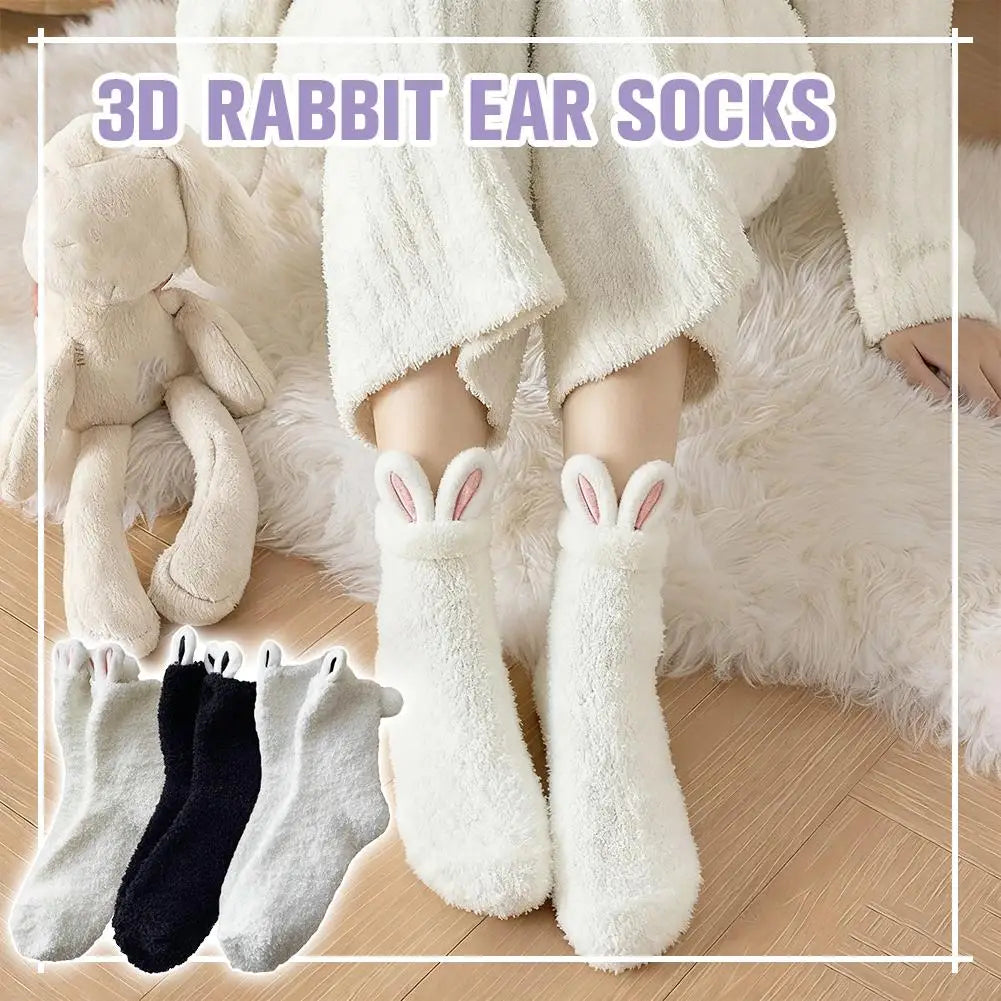 Women's Cartoon Cute Soft Three-dimensional Cute Rabbit Ears Coral Velvet Mid-tube Winter Thicken Lolita Home Warm Sleeping Sock Quake
