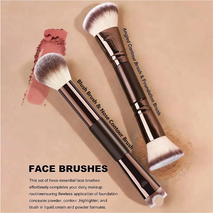 4 PCS Double-Ended Makeup Brush Set for Foundation, Powder, Eyeshadow, Blush , Nose Shadow, Eyeliner Brush, Eyelash Curler Quake
