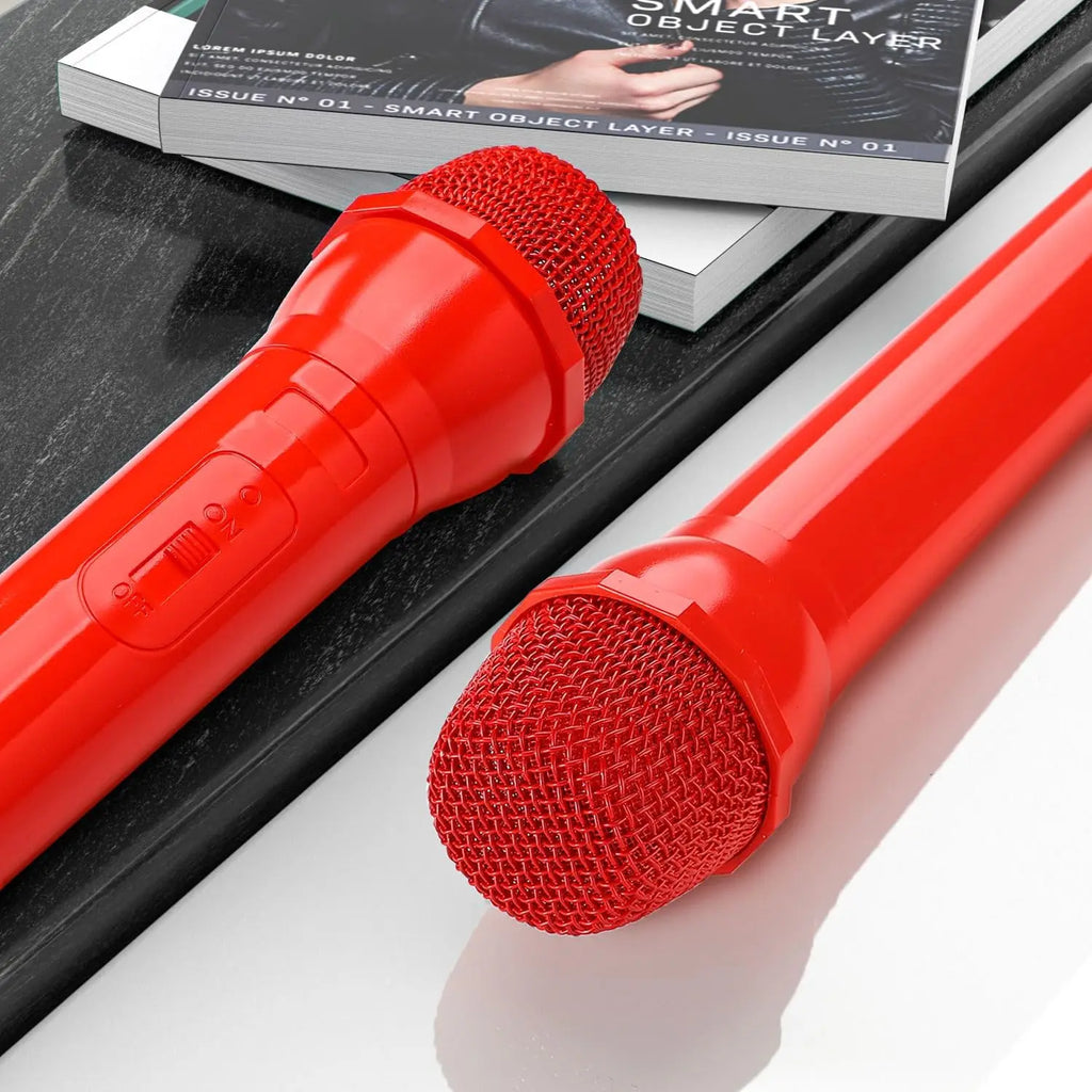 3pcs Novelties Fake Microphone Prop with Real Sponge & Mic Flags Station,Fake News Mic,Plastic Realistic Mic,News Mic Props Quake