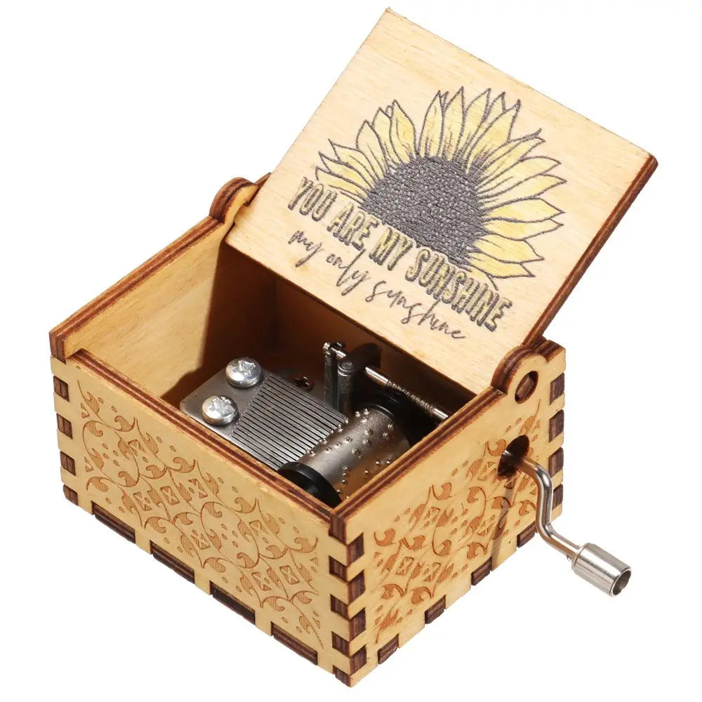 Valentine's Day Birthday Christmas Wooden Black Engraved You are My Sunshine Music Box Hand-Cranked Musical Boxes Quake 4