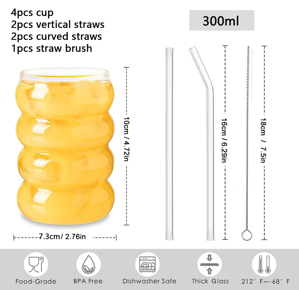 YWDL 4pcs Glass Cups Coffee Mug Clear Drinking Glasses Ribbed Glassware Cups With Straws Set Cocktail Fruit Glass Drinkware Quake