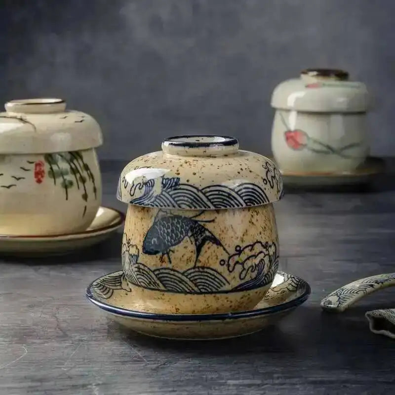 Steaming Bowl With Lid Ceramic Pudding Bowl Egg Steaming Cup Dessert Bird's Nest Small Egg Soup Bowl Quake