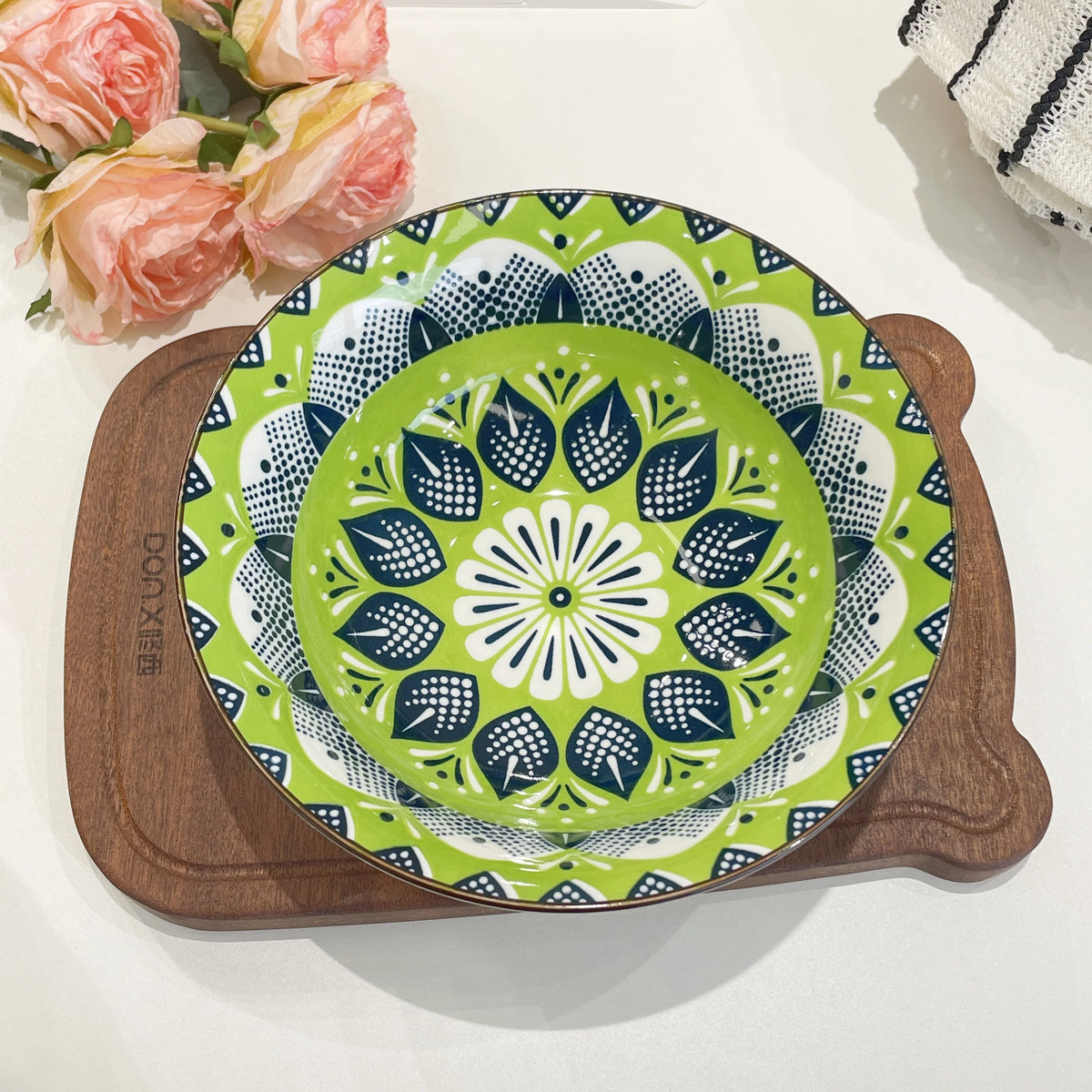 1/4-Piece Bohemian Ceramic Soup Bowl Set, 8-Inch Microwave & Dishwasher Safe, Ramen Pasta Salad Bowl Quake A green bowl