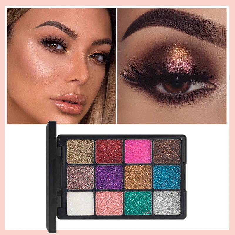 12-Color Glitter Eyeshadow Palette- Highly Pigmented,Long-Lasting Diamond Metal and Matte Shades for a Dazzling Eye Makeup Look Quake