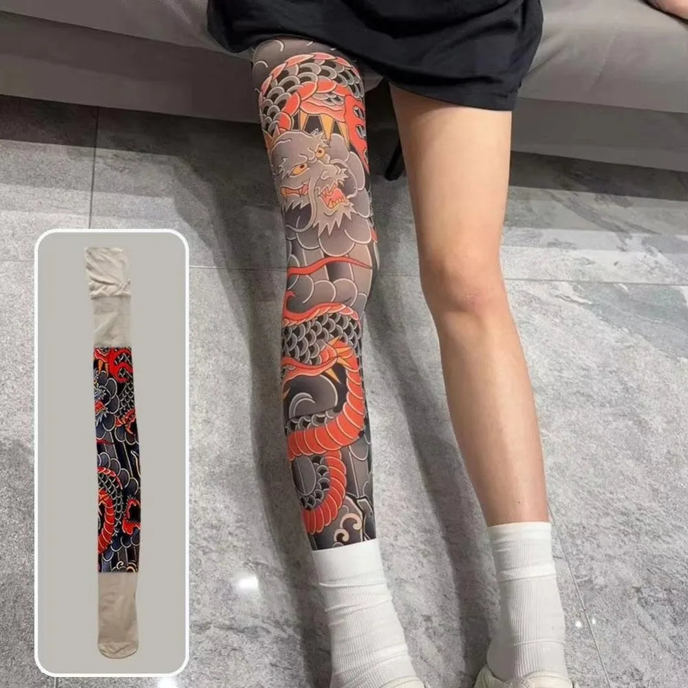 Full Leg Fake Tattoo Socks Printed Tights Cycling Fishing Elastic Socks Sun-proof Cool Personalized Driving Sexy Stockings Quake