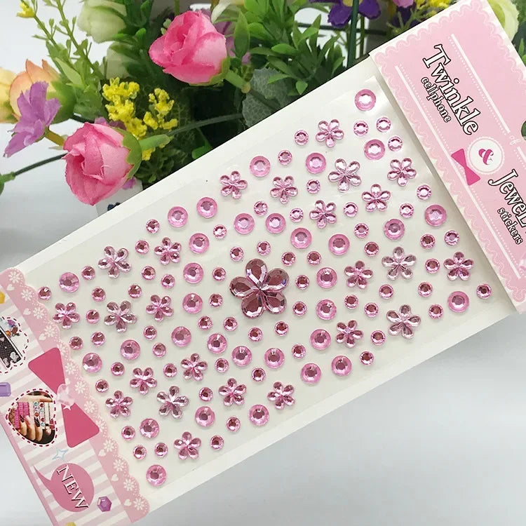 Rhinestone Crystal Face Stickers Diamond Face Makeup DIY Decoration Disposable Acrylic Tattoo Stickers Drill Phone Eyes Sticker Quake Flower-pink