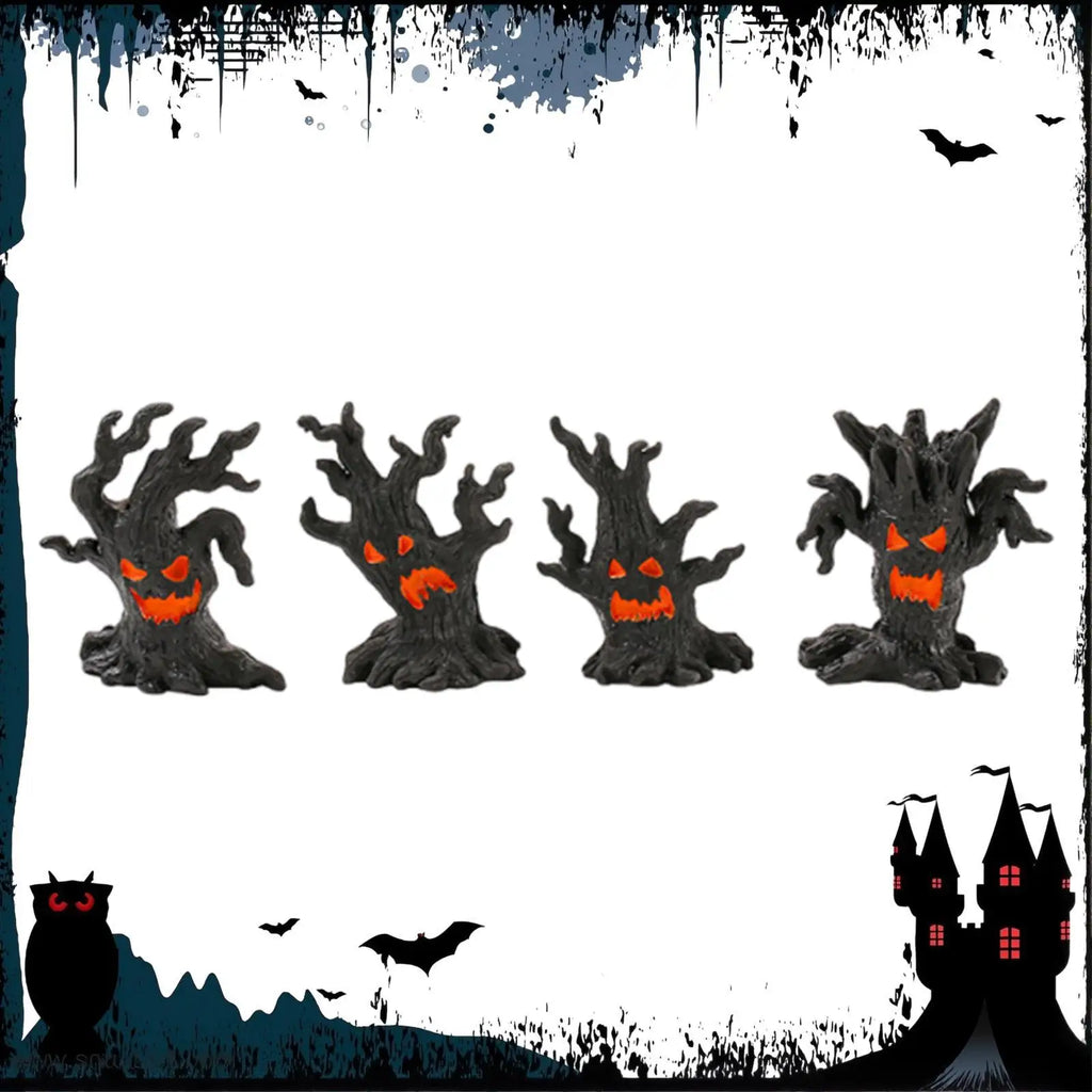 4 Pieces Halloween Decoration Halloween Tree Creative Resin Ghosts Cute Ornaments Spooky Tree for Patio Shelf Tabletop Porch Quake