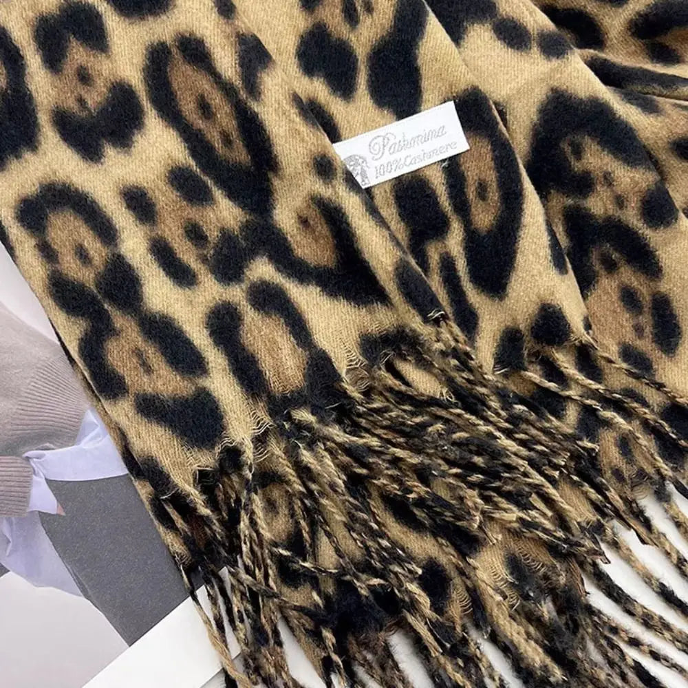 Korean Leopard Tassels Shawl Imitation Cashmere Windproof Foulard Pashmina Hijabs Thickened Winter Warm Scarf Neck Warmer Quake