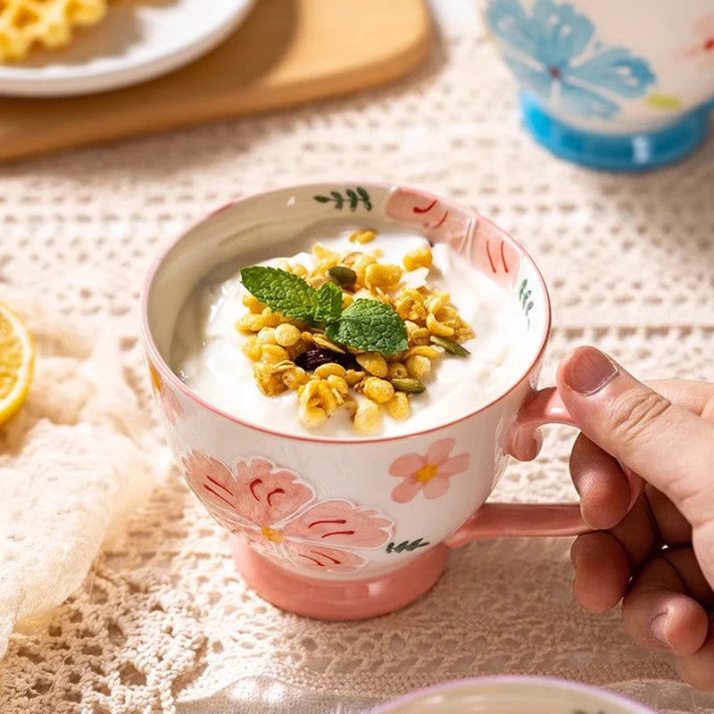 1pcs Flower Ceramic Mug Heat-resistant Breakfast Milk Oat Cup Hand Drawn Large Capacity Juice Handle Cup Microwave Safe 450ml Quake