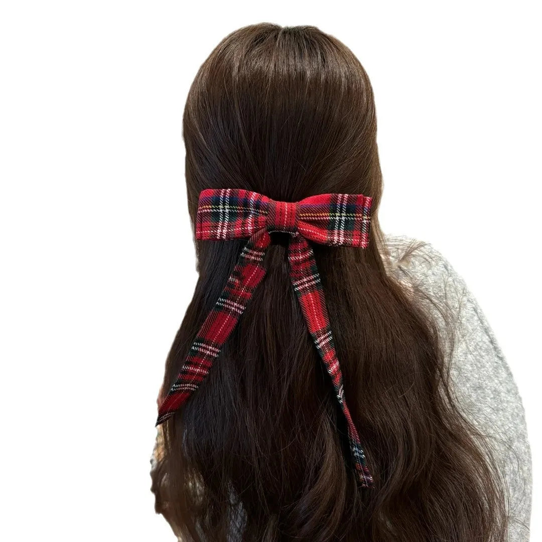 Vintage Plaid Print Bow Hairpins Women Girls Hair Clips Claw Elegant Barrettes Accessories Hairclip Headdress Headwear Ornament Quake